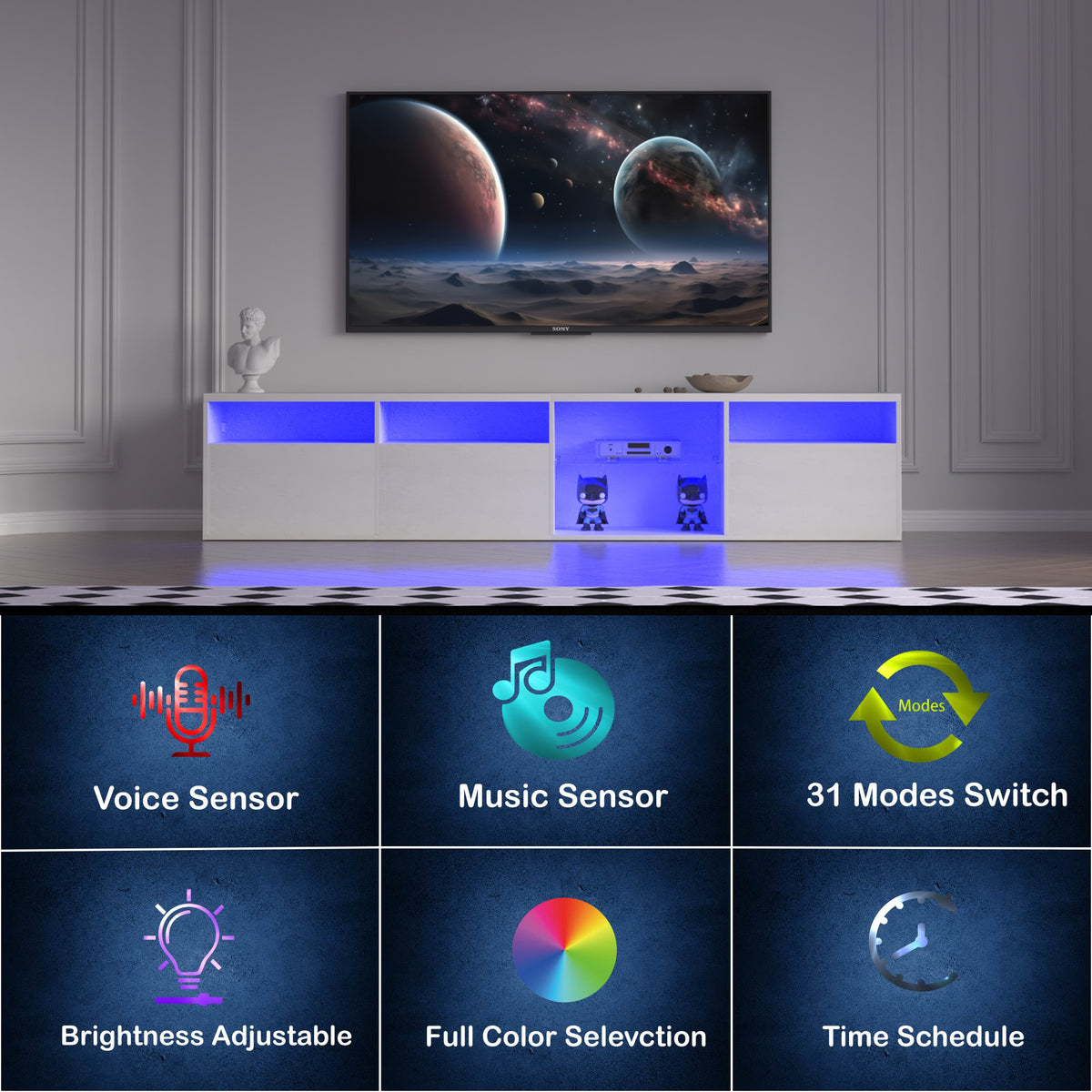 TV console with storage cabinet, 82.6-inch long LED TV stand with 31 mode switching lights (white, suitable for 75/80 inch TVs)