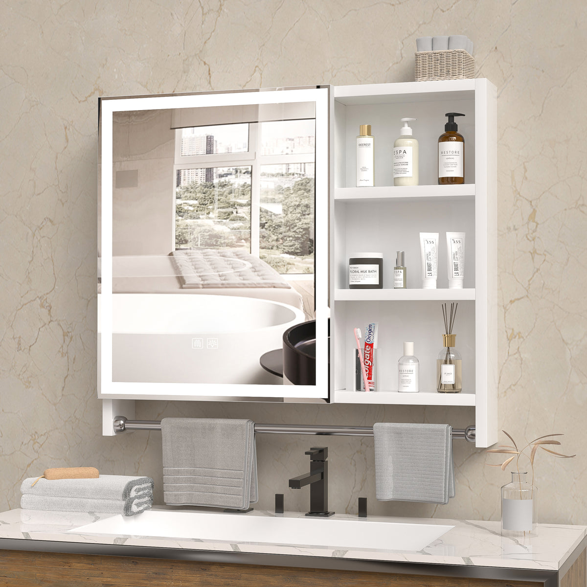 Modern 32x28 inch bathroom storage cabinet with mirrors, LED lights, multi-layer storage compartments, and towel racks