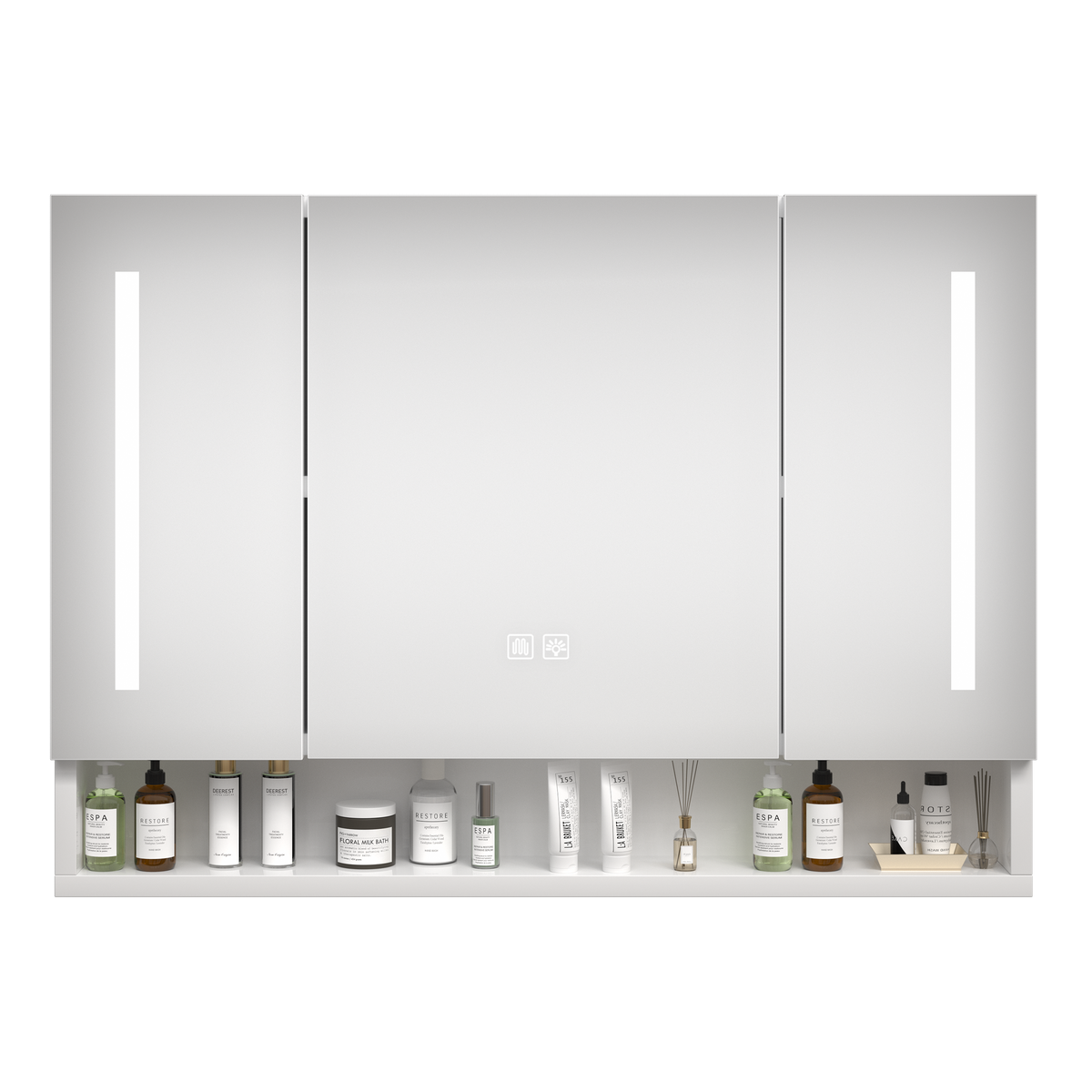 Modern 39x28 inch bathroom cabinets, medicine cabinets with mirrors and LED lights, and bathroom storage cabinets