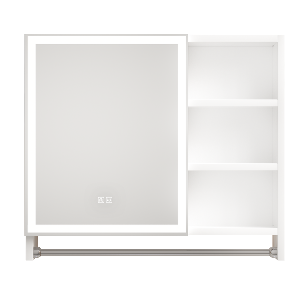 Modern 32x28 inch bathroom storage cabinet with mirrors, LED lights, multi-layer storage compartments, and towel racks