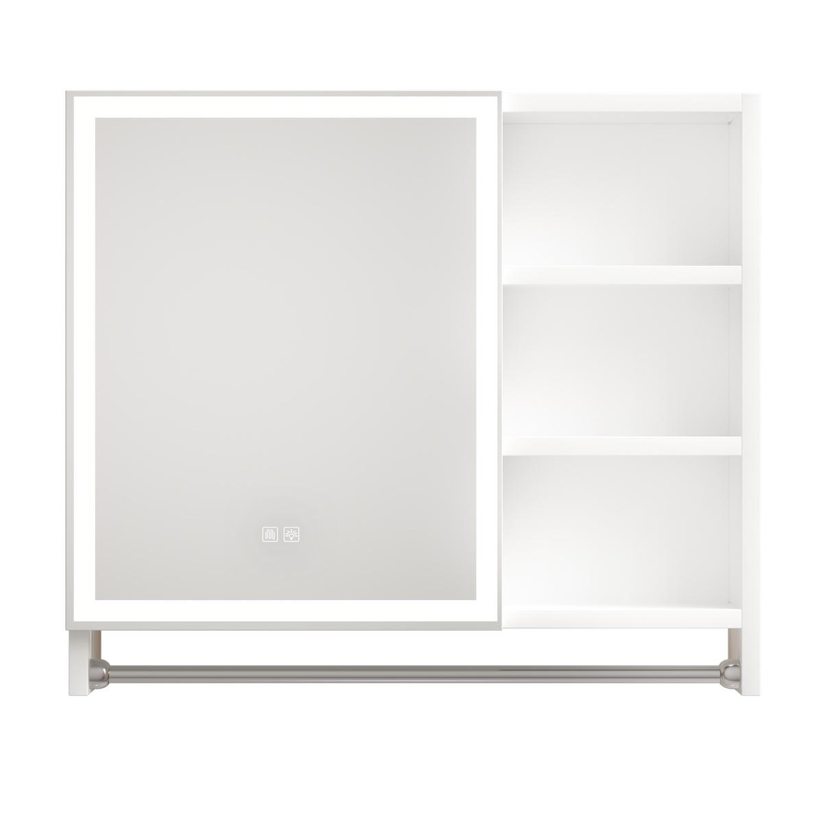 Modern 32x28 inch bathroom storage cabinet with mirrors, LED lights, multi-layer storage compartments, and towel racks
