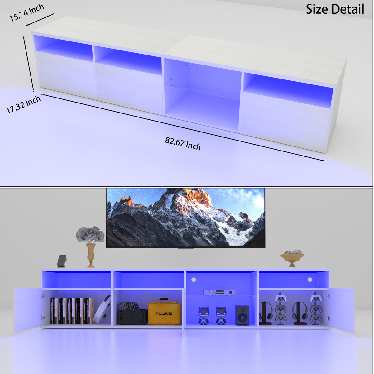 TV console with storage cabinet, 82.6-inch long LED TV stand with 31 mode switching lights (white, suitable for 75/80 inch TVs)